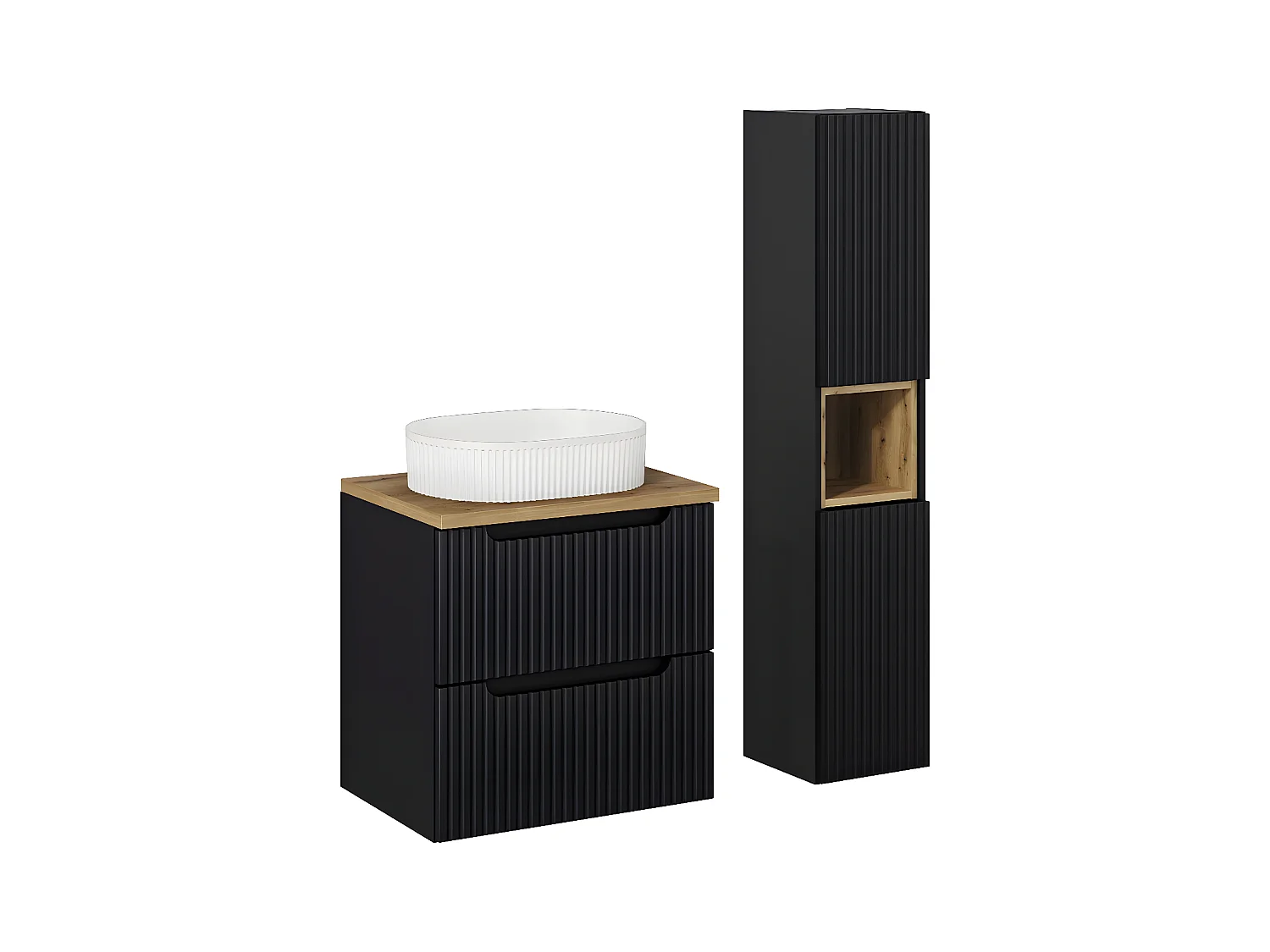 Conjunto de muebles con lavabo individual 60cm 2 cajones y columna Riva Negro y Madera