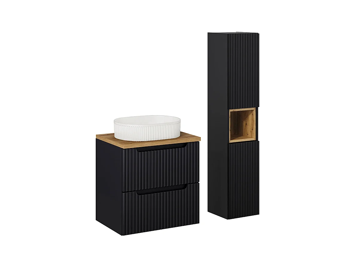 Ensemble meuble simple vasque 60cm 2 tiroirs et colonne Riva Noir et Bois