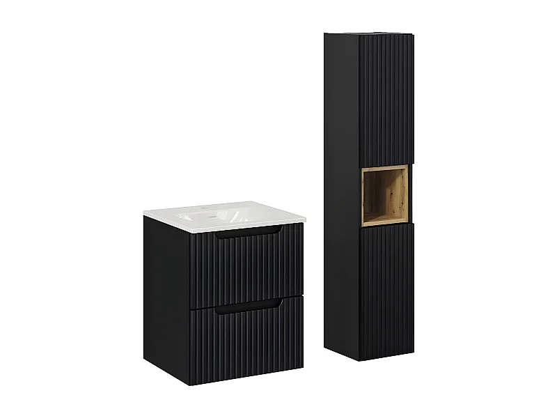 Ensemble meuble simple vasque encastrée 50cm 2 tiroirs et colonne Riva Noir et Bois