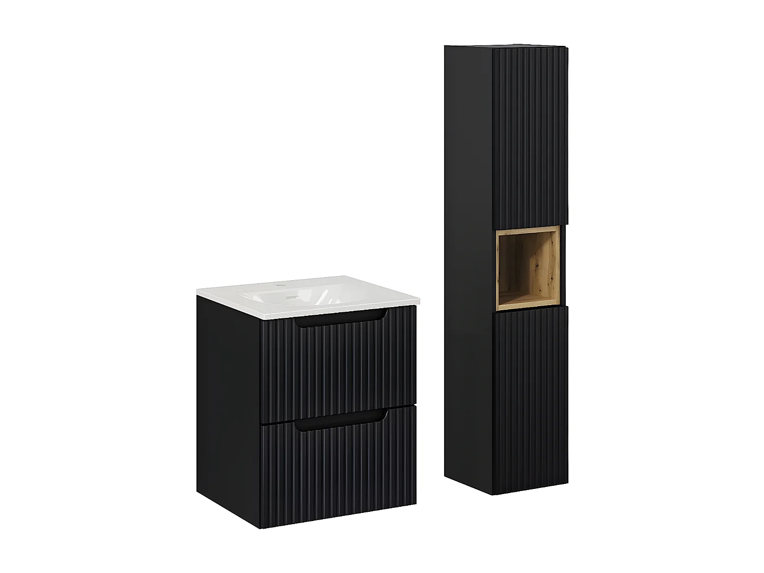 Ensemble meuble simple vasque encastrée 50cm 2 tiroirs et colonne Riva Noir et Bois