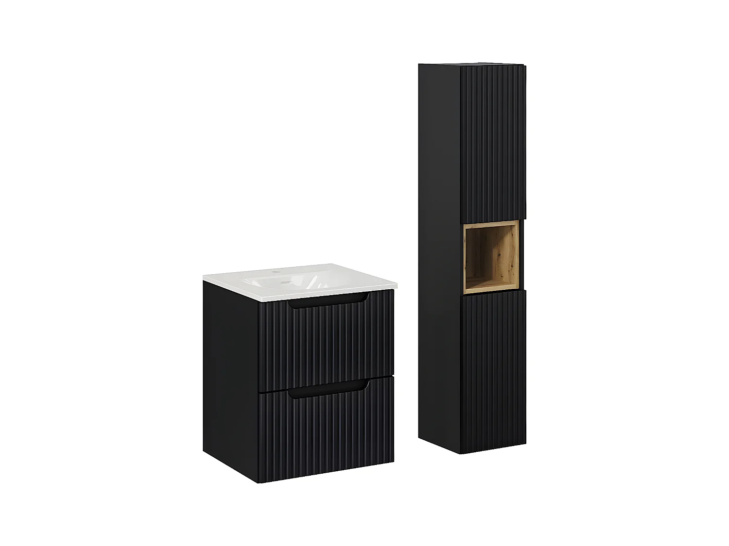 Conjunto de muebles con lavabo individual encastrado 50 cm 2 cajones y columna Riva Negro y Madera
