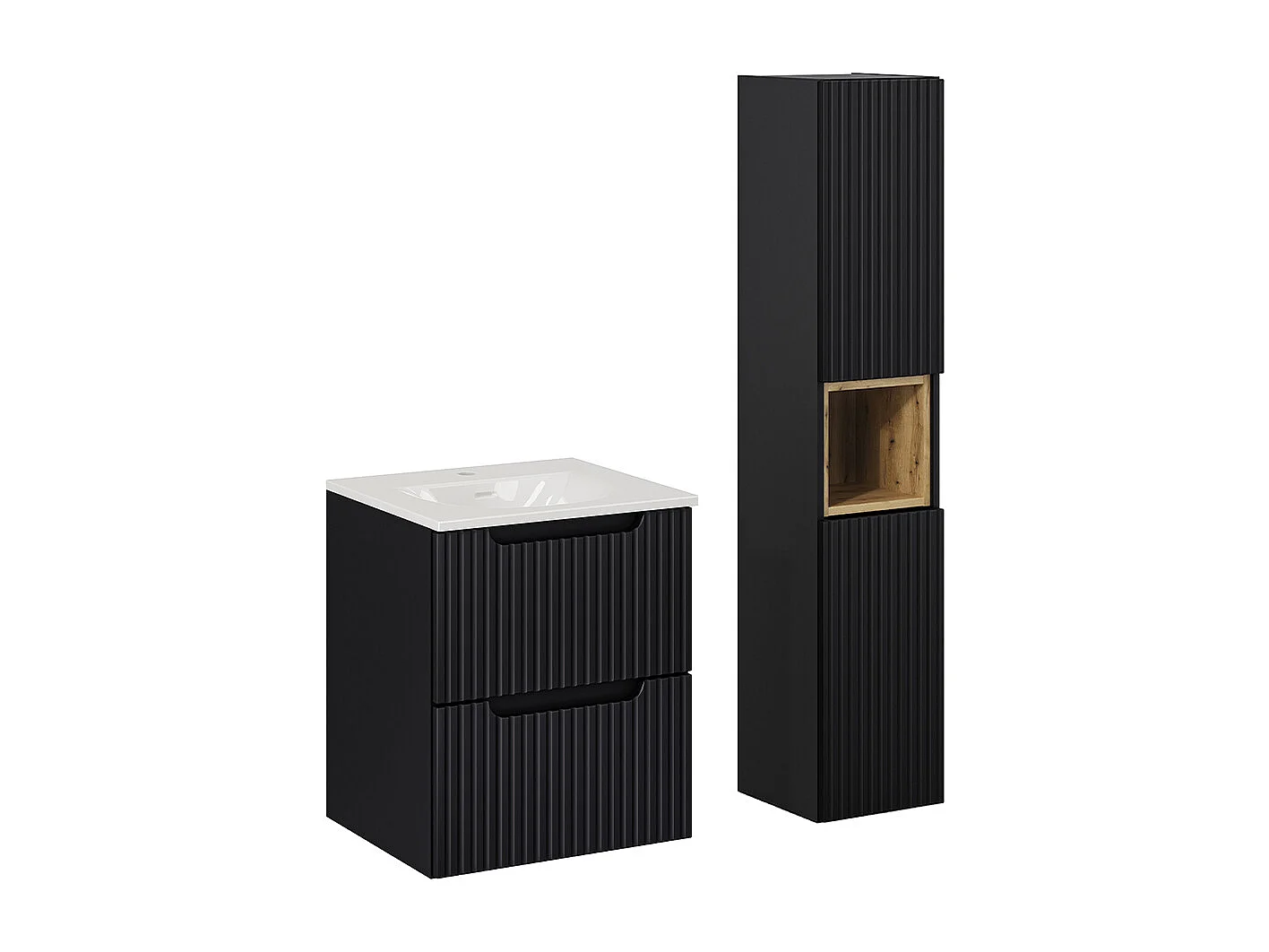 Ensemble meuble simple vasque encastrée 50cm 2 tiroirs en colonne Riva Noir en Bois