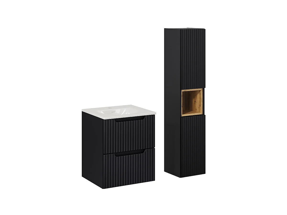 Ensemble meuble simple vasque encastrée 50cm 2 tiroirs en colonne Riva Noir en Bois