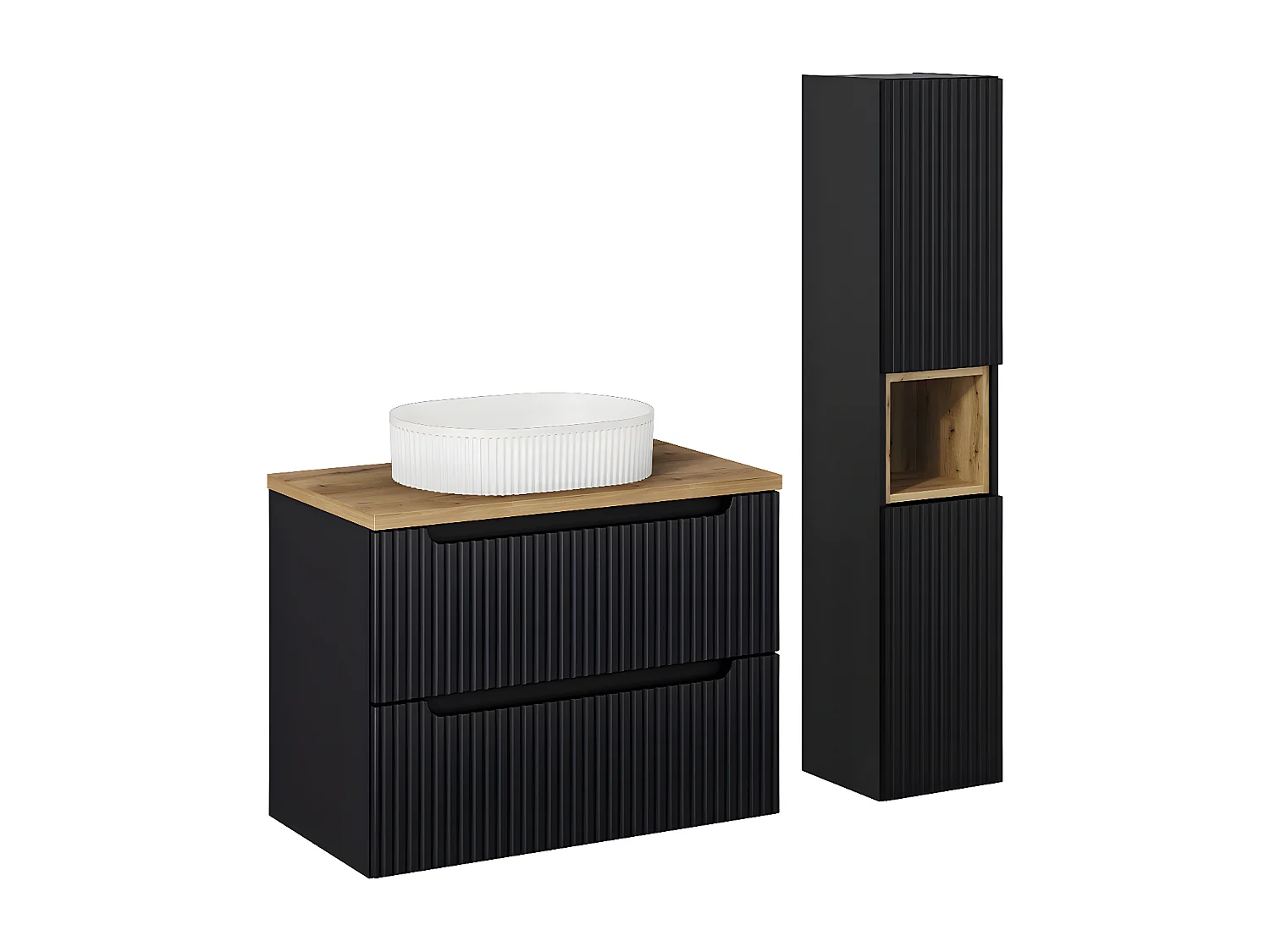 Ensemble meuble simple vasque 80cm 2 tiroirs et colonne Riva Noir et Bois