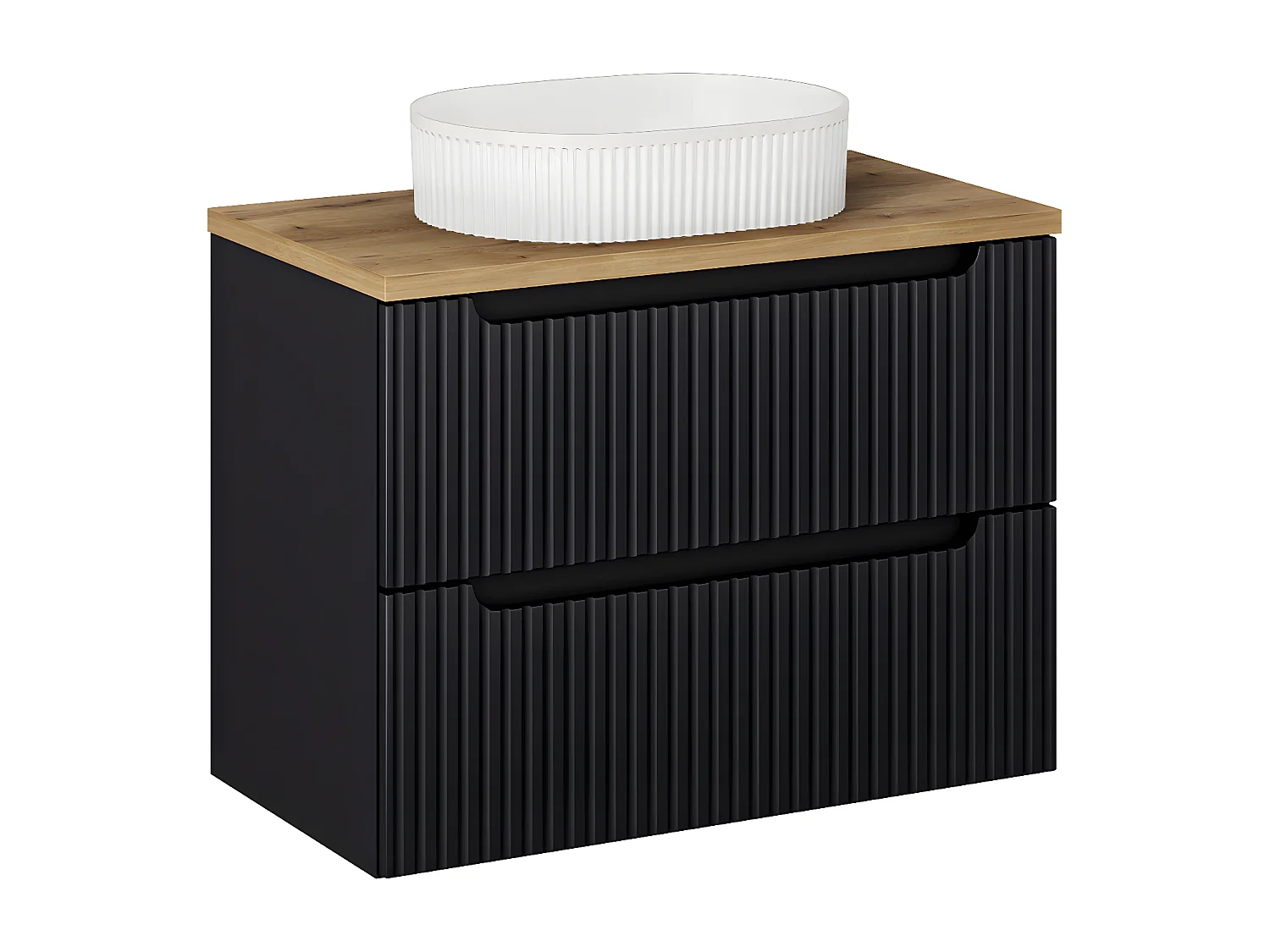 Ensemble meuble simple vasque 80cm 2 tiroirs et colonne Riva Noir et Bois