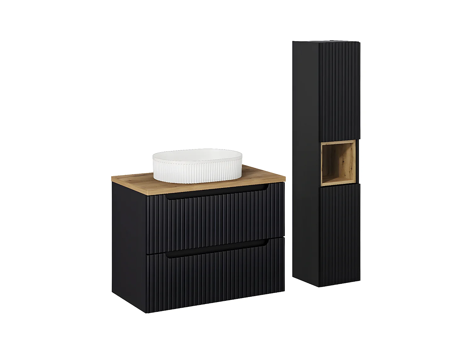 Conjunto de muebles con lavabo individual 80cm 2 cajones y columna Riva Negro y Madera