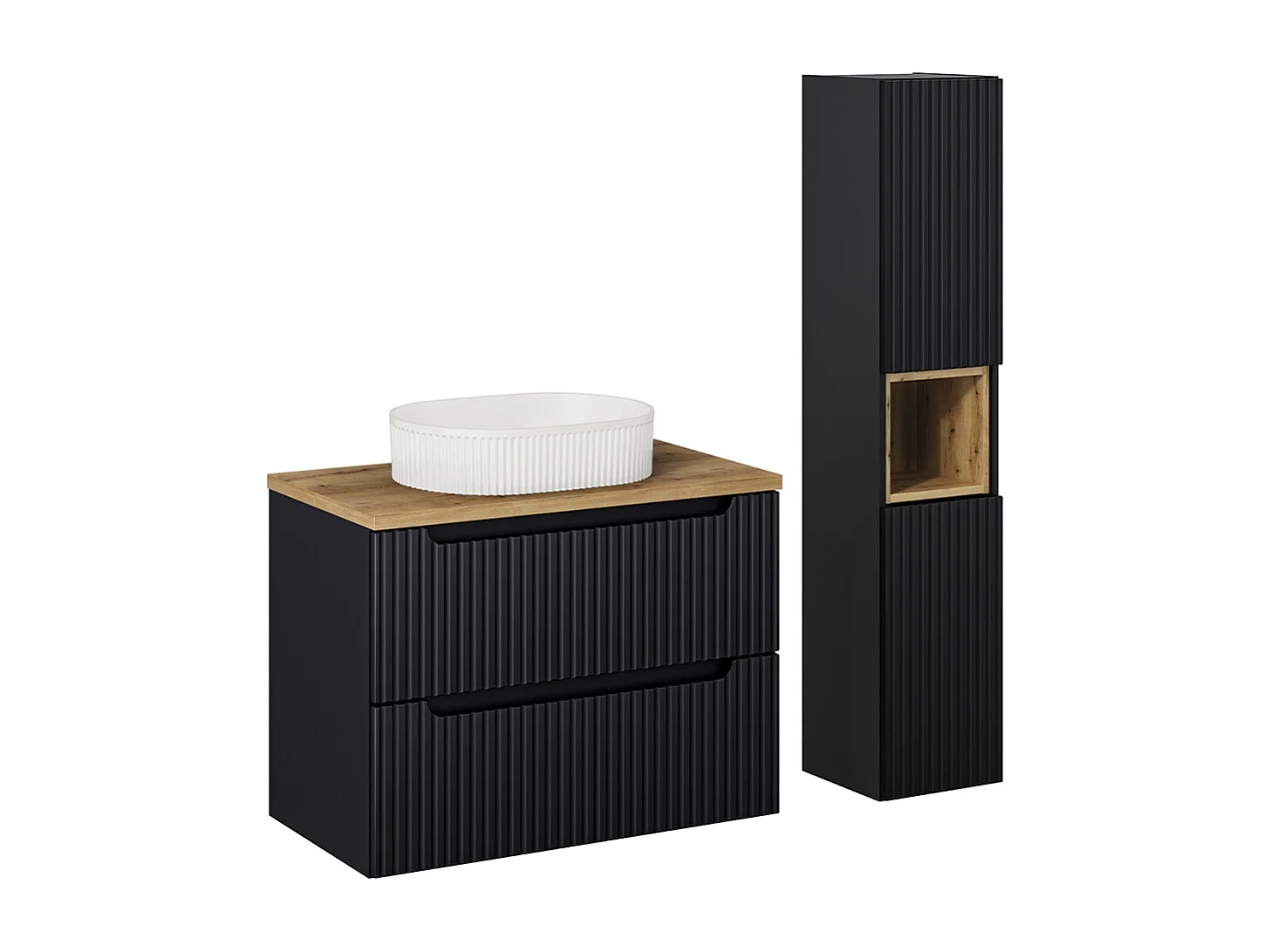 Set Waschtisch 80cm 2 Schubladen und Säule Riva Schwarz und Holz