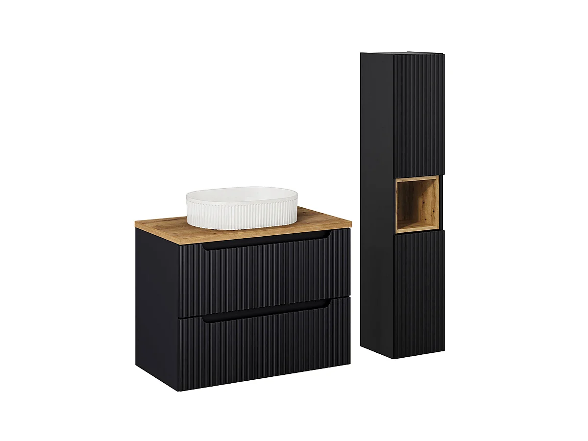 Ensemble meuble simple vasque 80cm 2 tiroirs et colonne Riva Noir et Bois