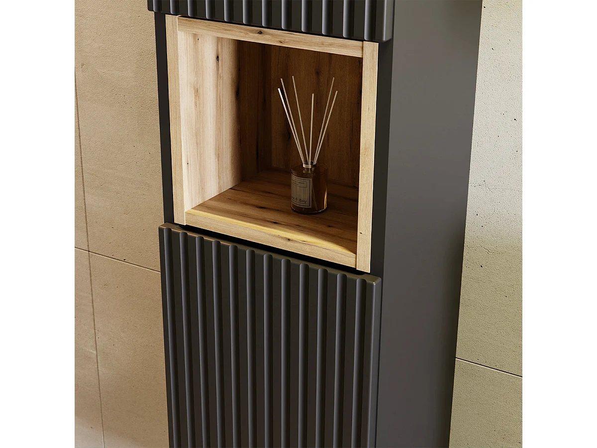 Ensemble meuble simple vasque 80cm 2 tiroirs et colonne Riva Noir et Bois