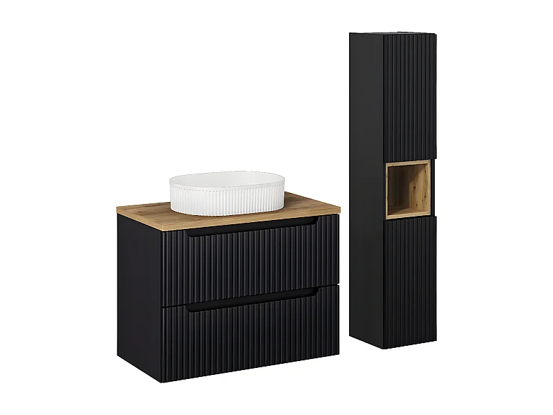 Conjunto de muebles con lavabo individual 80cm 2 cajones y columna Riva Negro y Madera