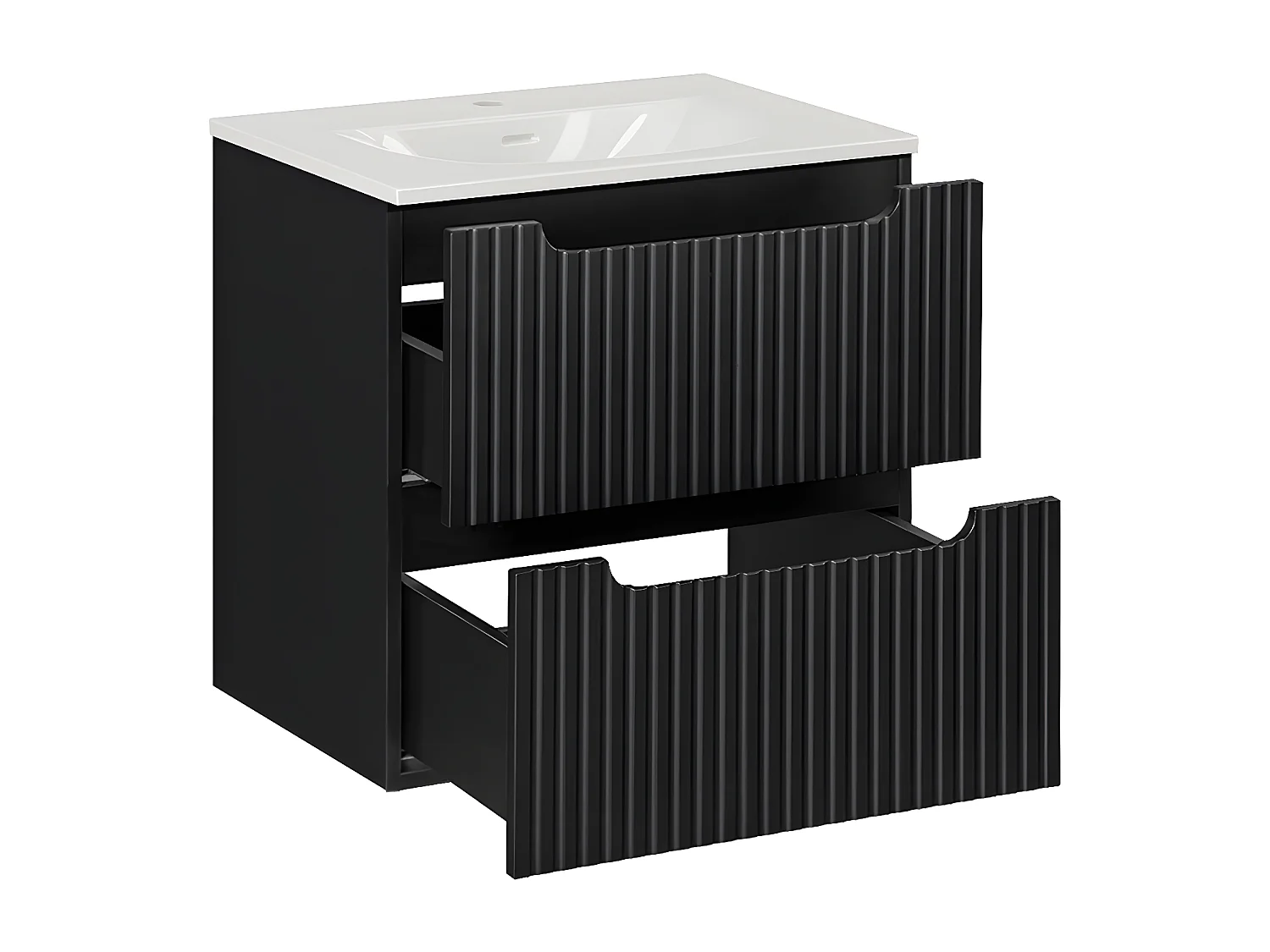 Ensemble meuble simple vasque encastrée 60cm 2 tiroirs et colonne Riva Noir et Bois