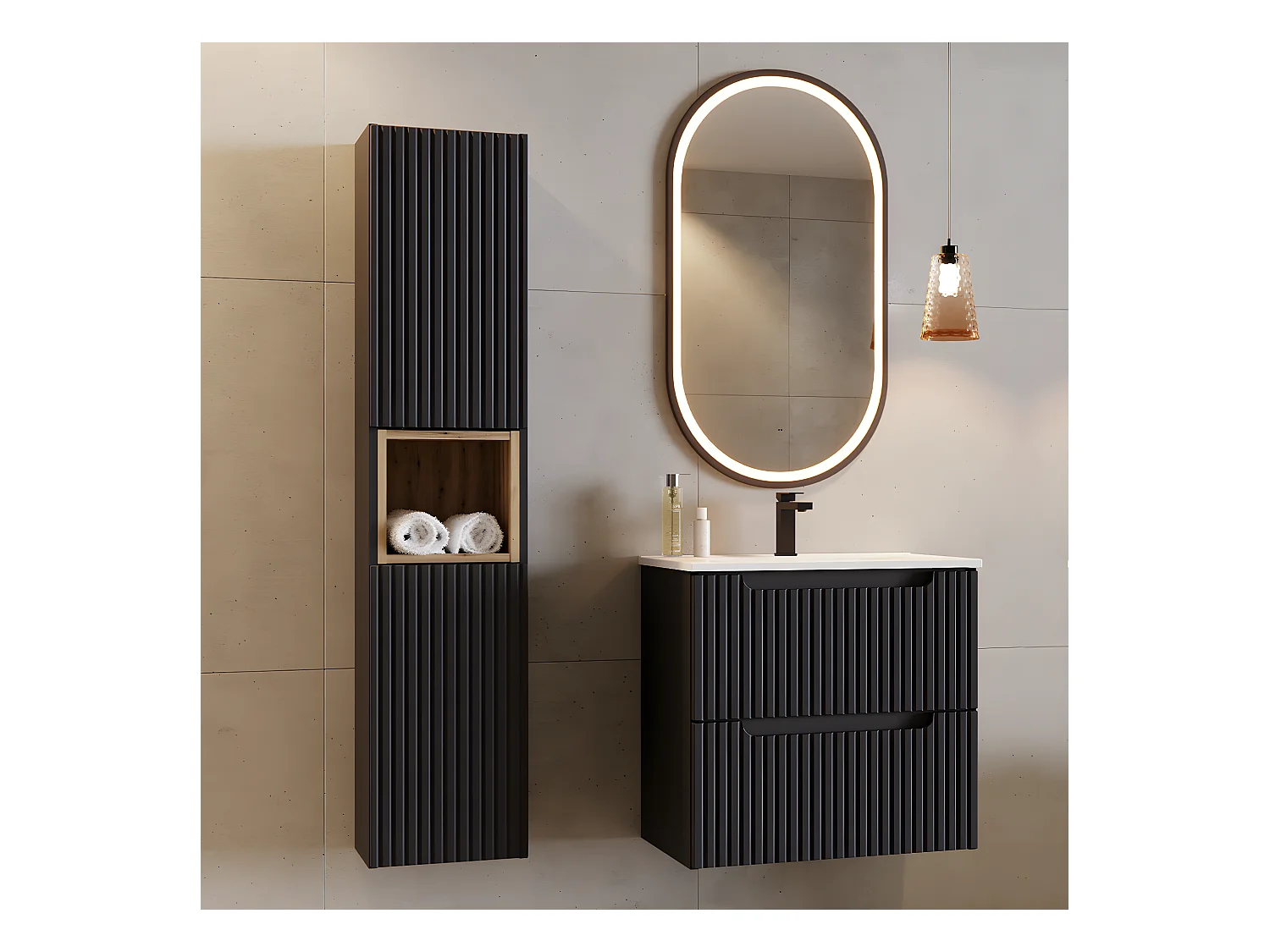 Conjunto de muebles con lavabo individual encastrado 60cm 2 cajones y columna Riva Negro y Madera