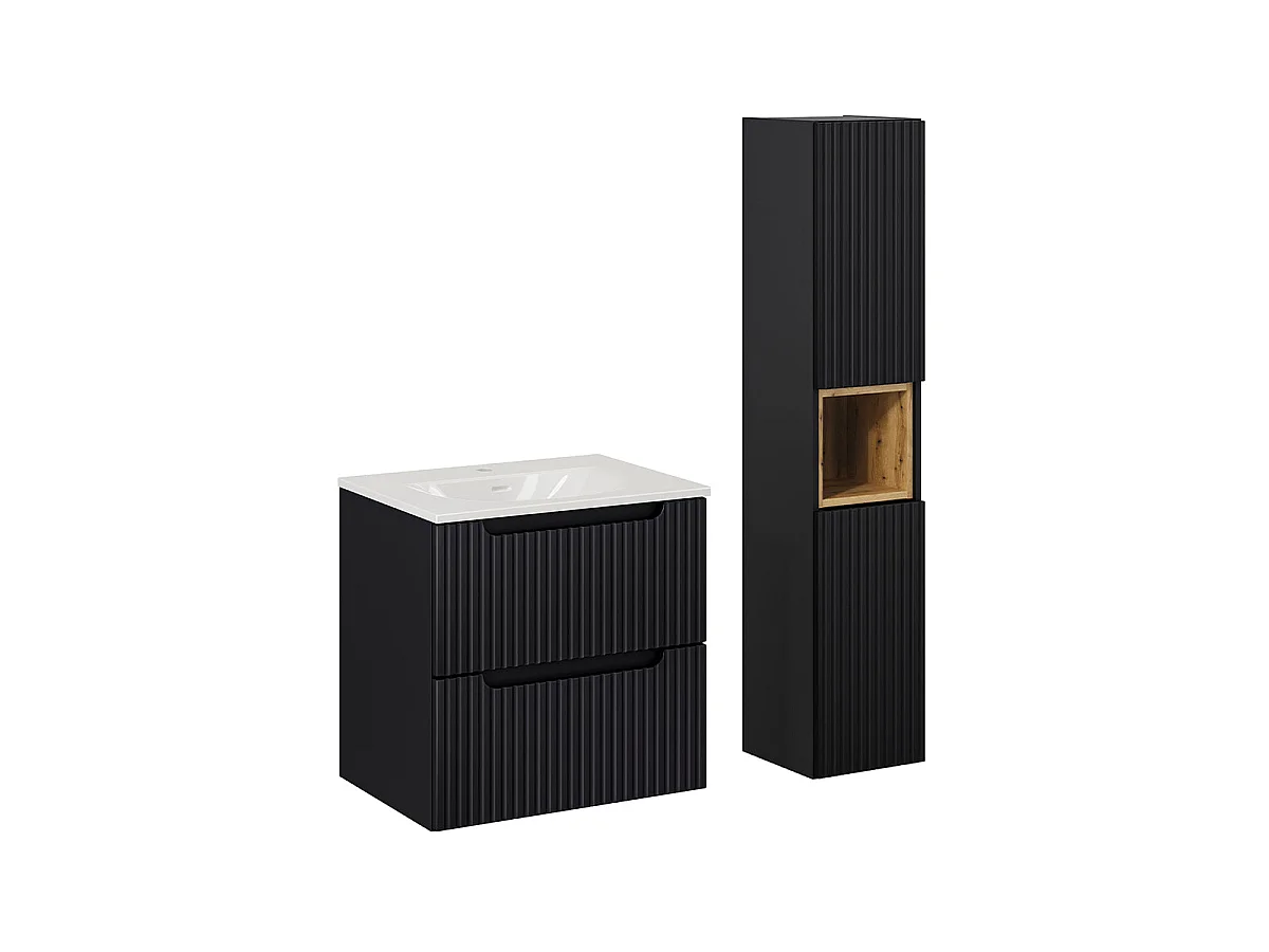 Ensemble meuble simple vasque encastrée 60cm 2 tiroirs et colonne Riva Noir et Bois