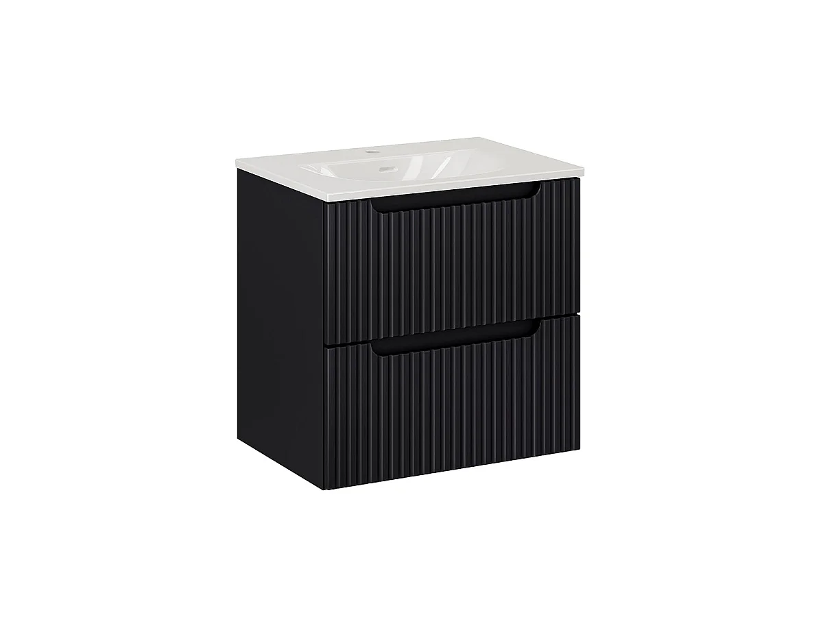 Ensemble meuble simple vasque encastrée 60cm 2 tiroirs et colonne Riva Noir et Bois