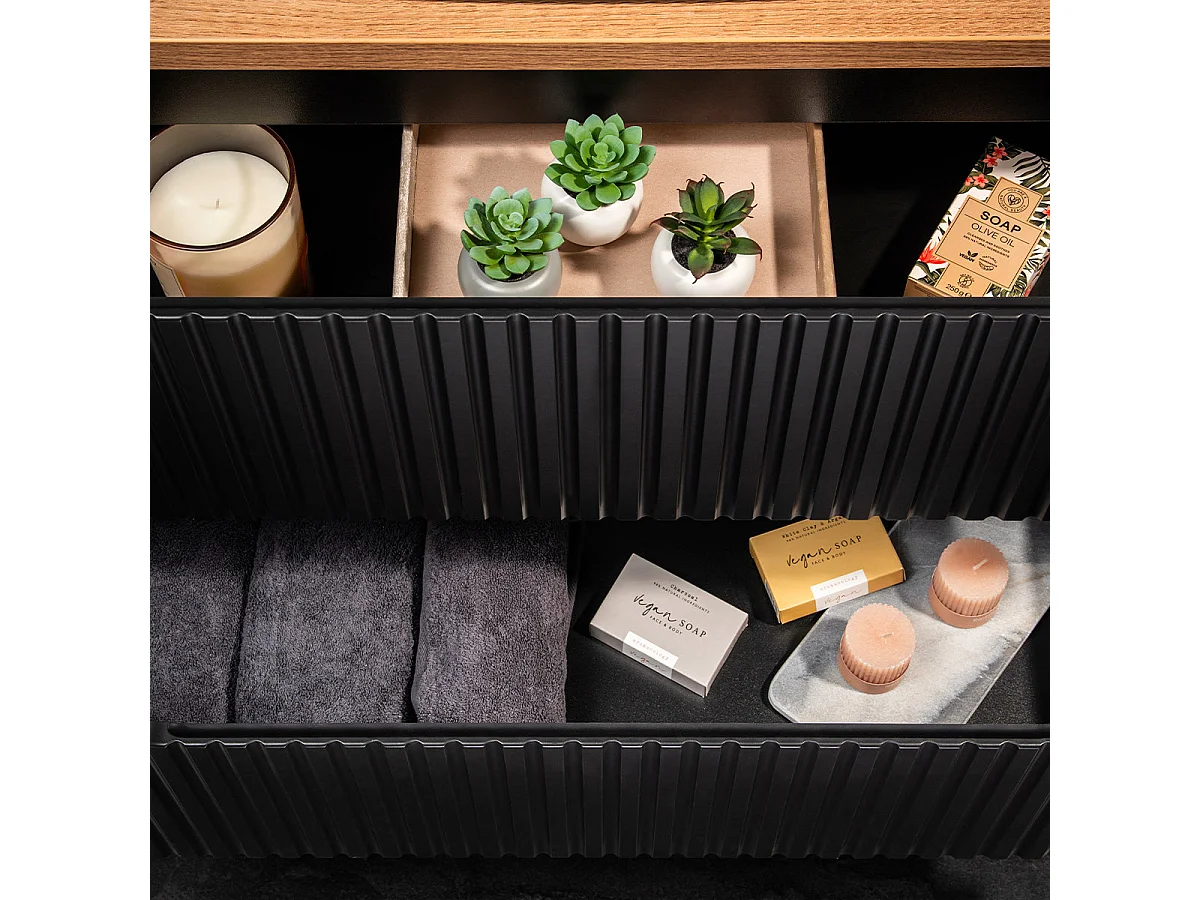 Ensemble meuble simple vasque encastrée 60cm 2 tiroirs et colonne Riva Noir et Bois