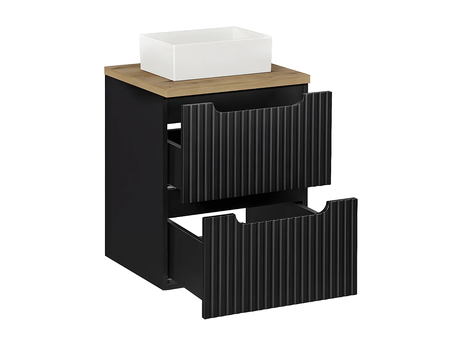 Ensemble meuble simple vasque 50cm 2 tiroirs et colonne Riva Noir et Bois