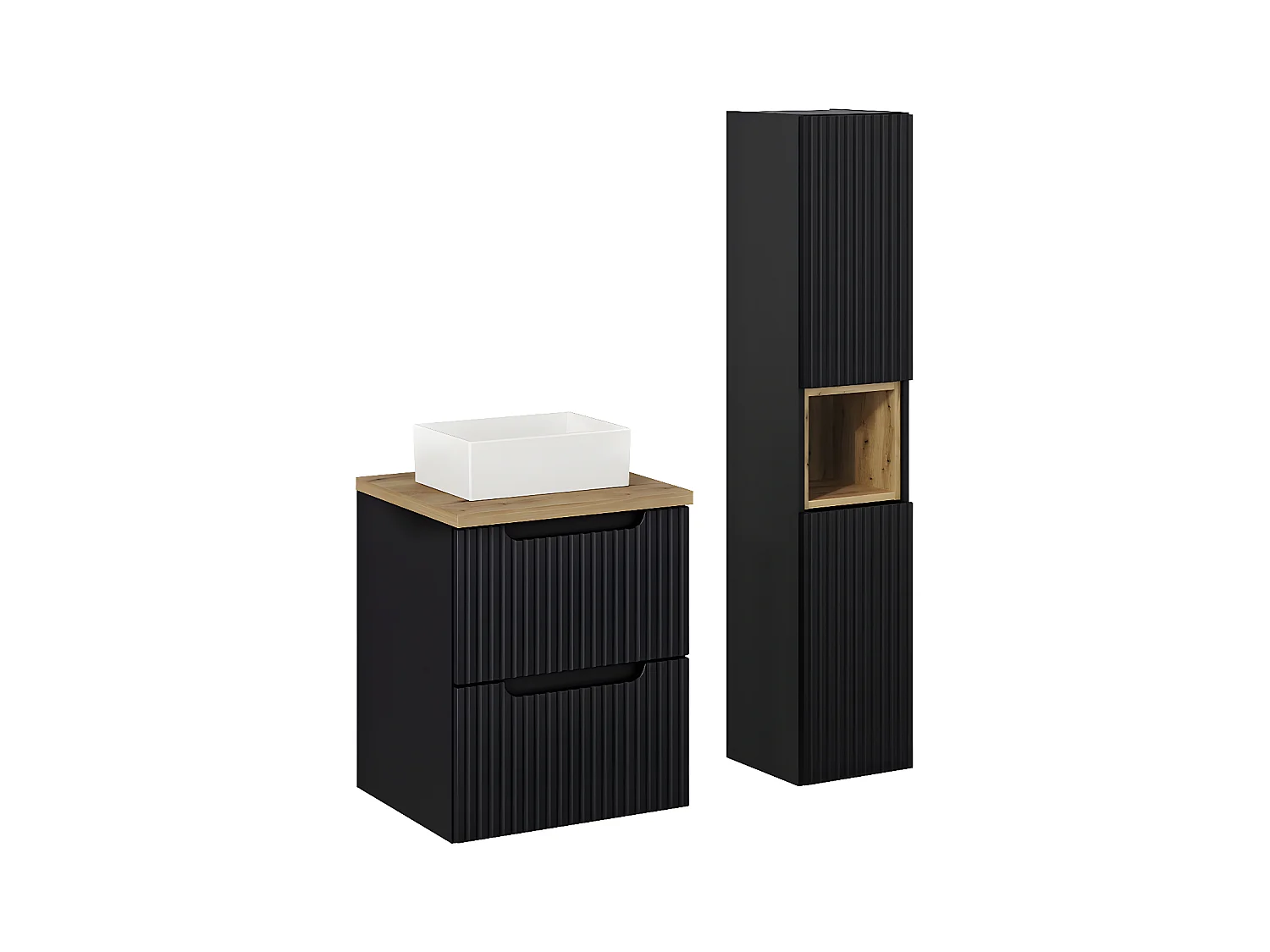 Conjunto de muebles con lavabo individual 50cm 2 cajones y columna Riva Negro y Madera