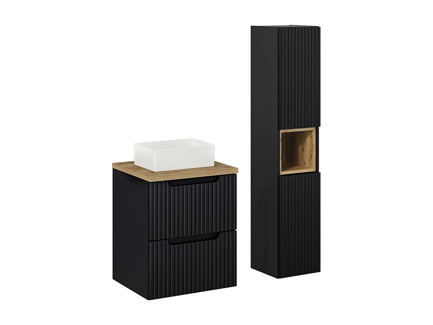 Ensemble meuble simple vasque 50cm 2 tiroirs et colonne Riva Noir et Bois