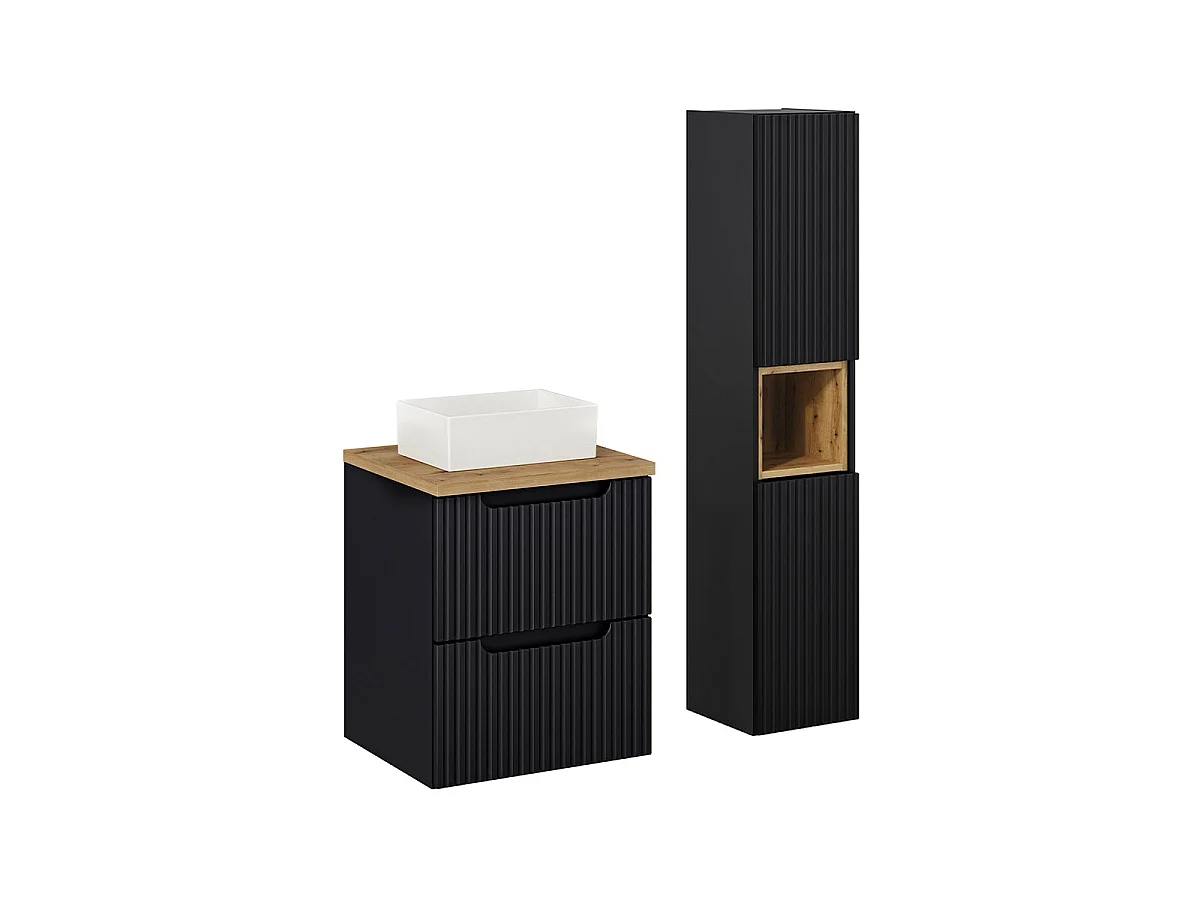 Conjunto móvel de lavatório simples 50cm 2 gavetas e coluna Riva Preto e Madeira