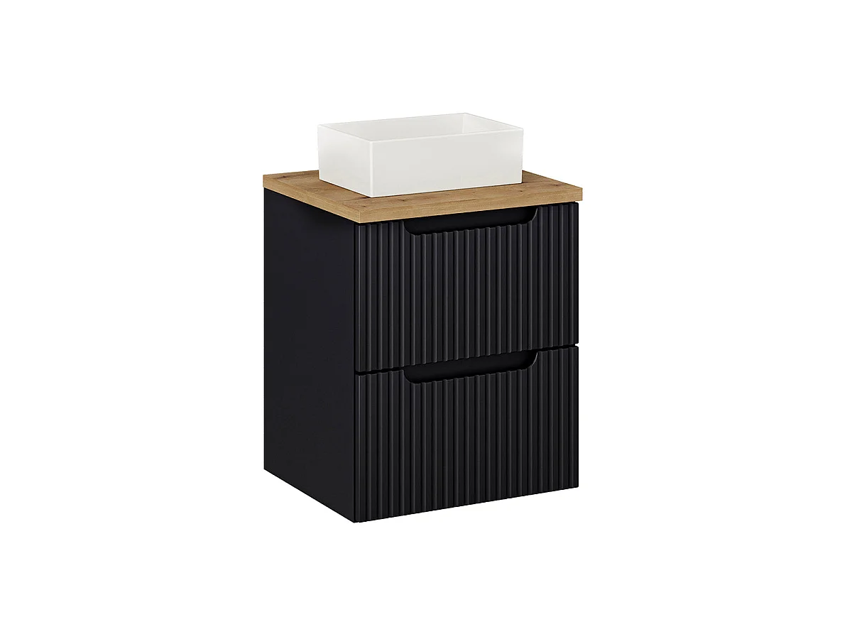 Conjunto móvel de lavatório simples 50cm 2 gavetas e coluna Riva Preto e Madeira