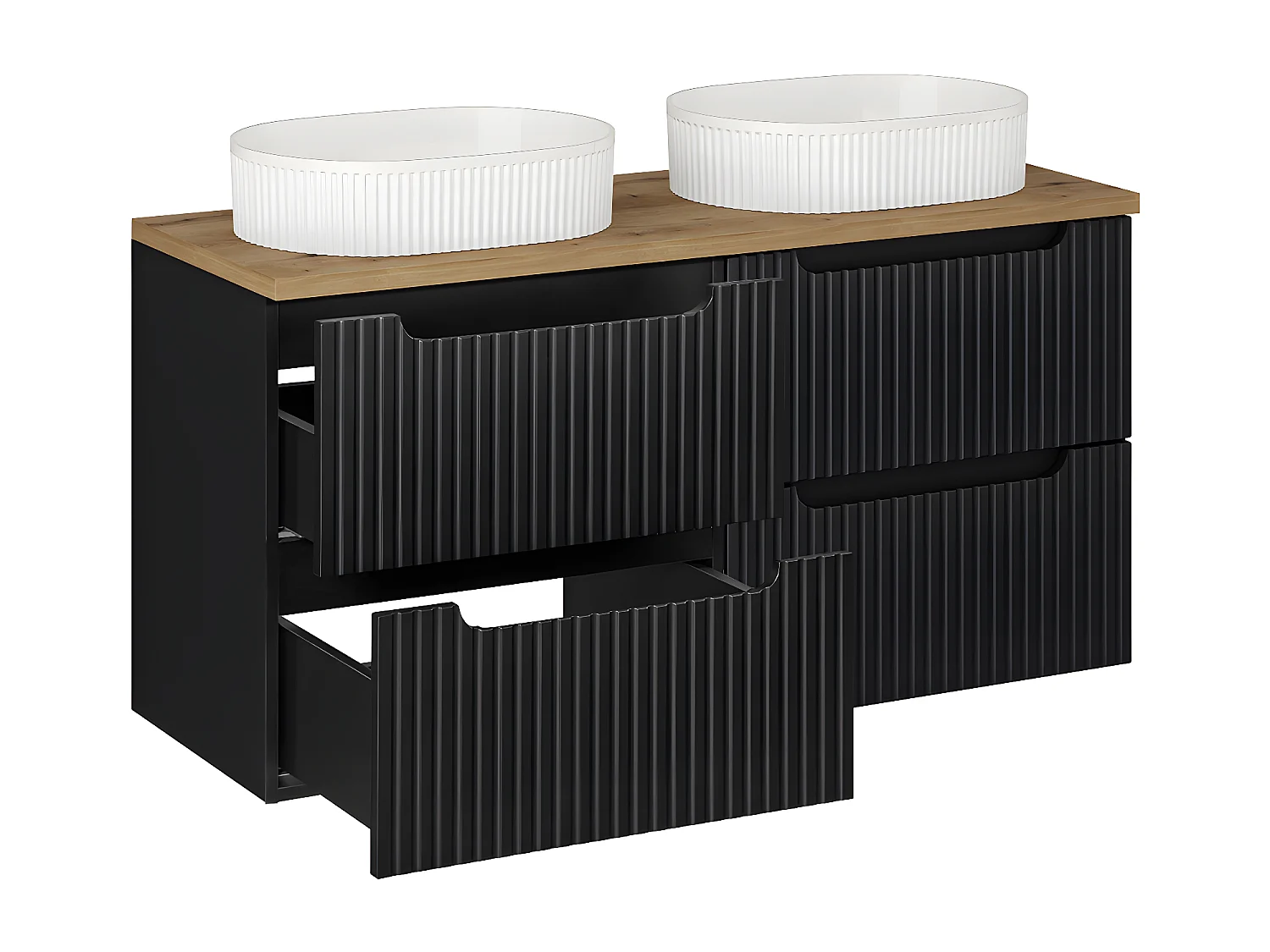 Ensemble meuble double vasque 120cm 4 tiroirs et colonne Riva Noir et Bois