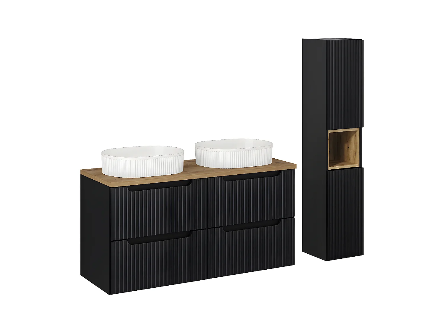 Conjunto de muebles con doble lavabo 120 cm 4 cajones y columna Riva Negro y Madera