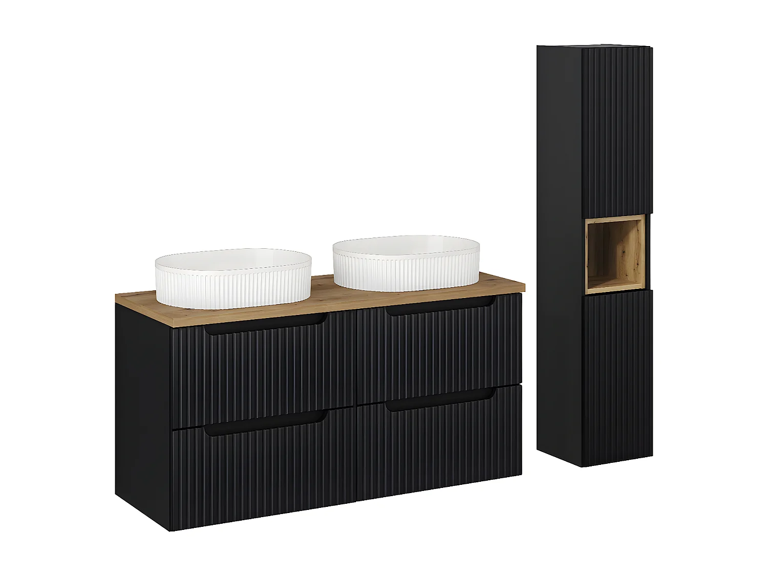 Conjunto de muebles con doble lavabo 120 cm 4 cajones y columna Riva Negro y Madera