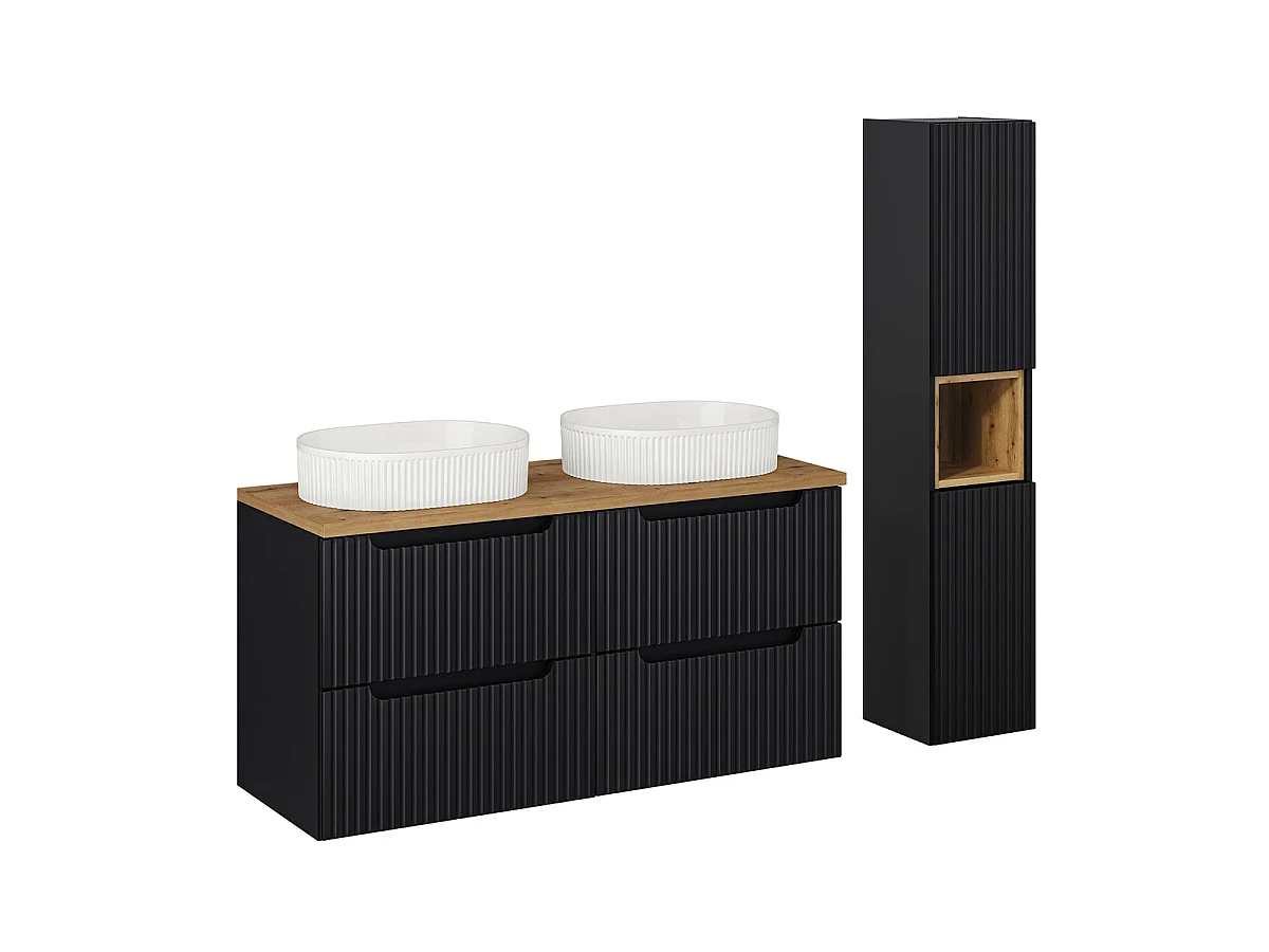 Conjunto móvel lavatório duplo 120cm 4 gavetas coluna Riva Preto e Madeira