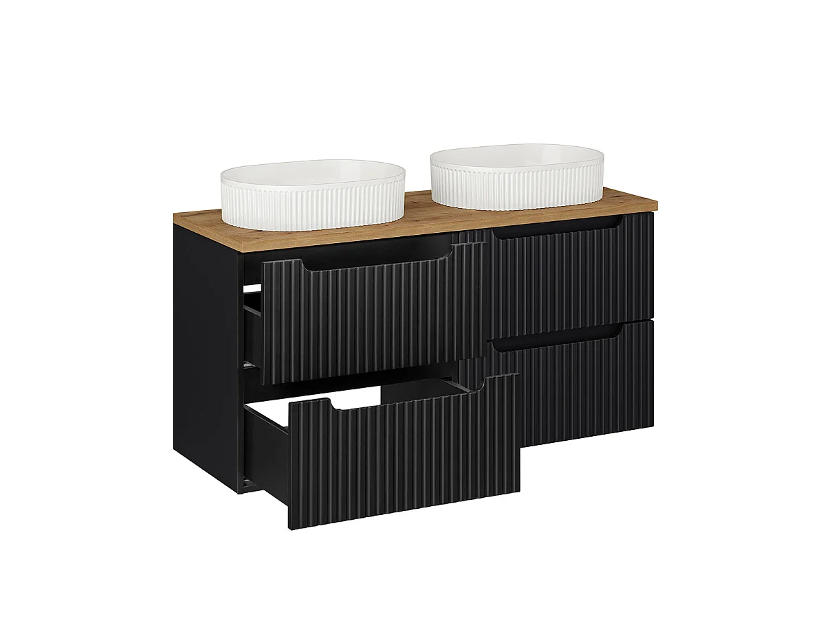 Conjunto móvel lavatório duplo 120cm 4 gavetas coluna Riva Preto e Madeira