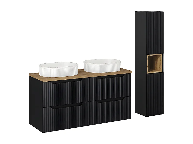 Conjunto de muebles con doble lavabo 120 cm 4 cajones y columna Riva Negro y Madera
