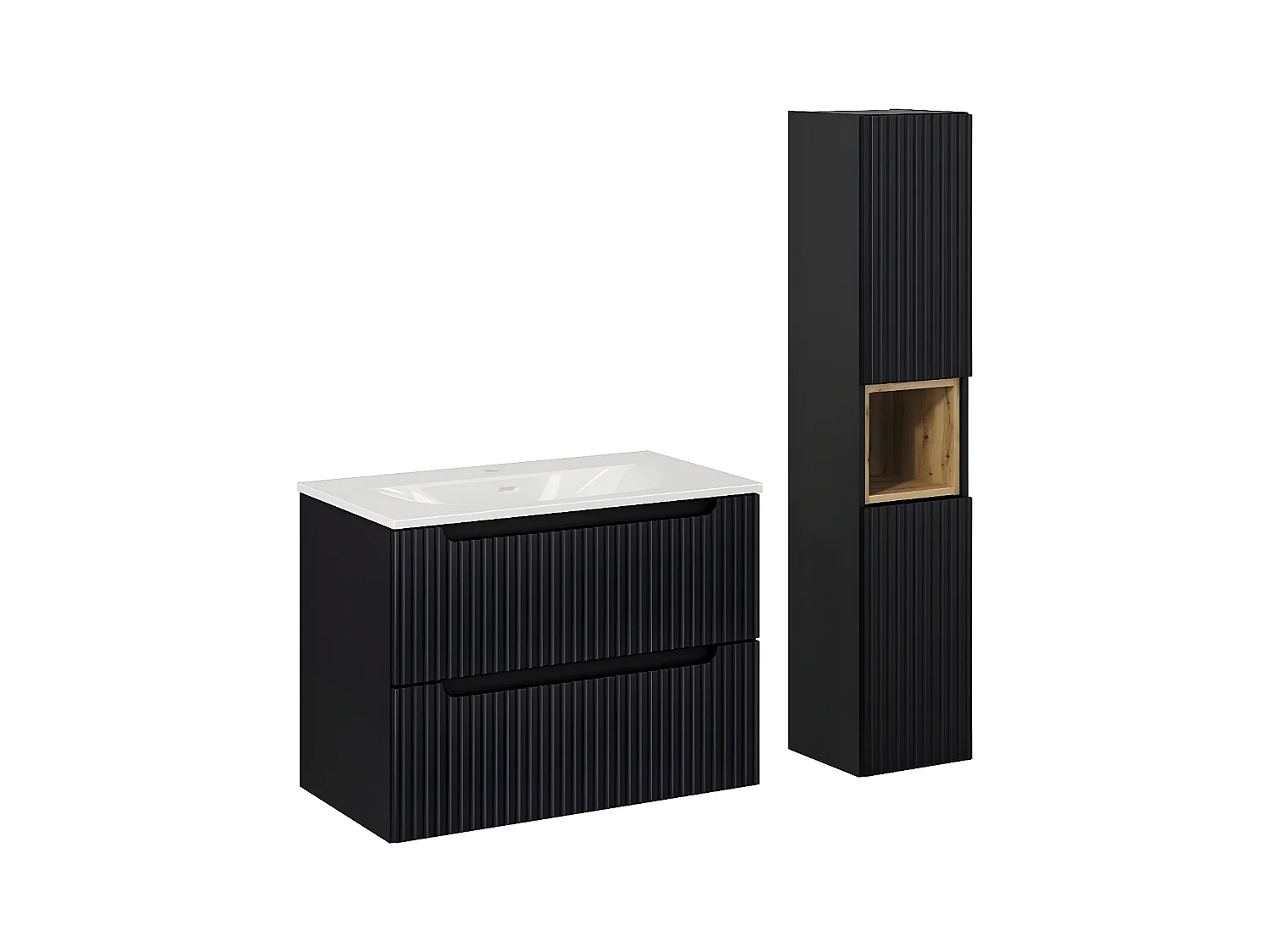 Conjunto de muebles con lavabo individual encastrado 80cm 2 cajones y columna Riva Negro y Madera