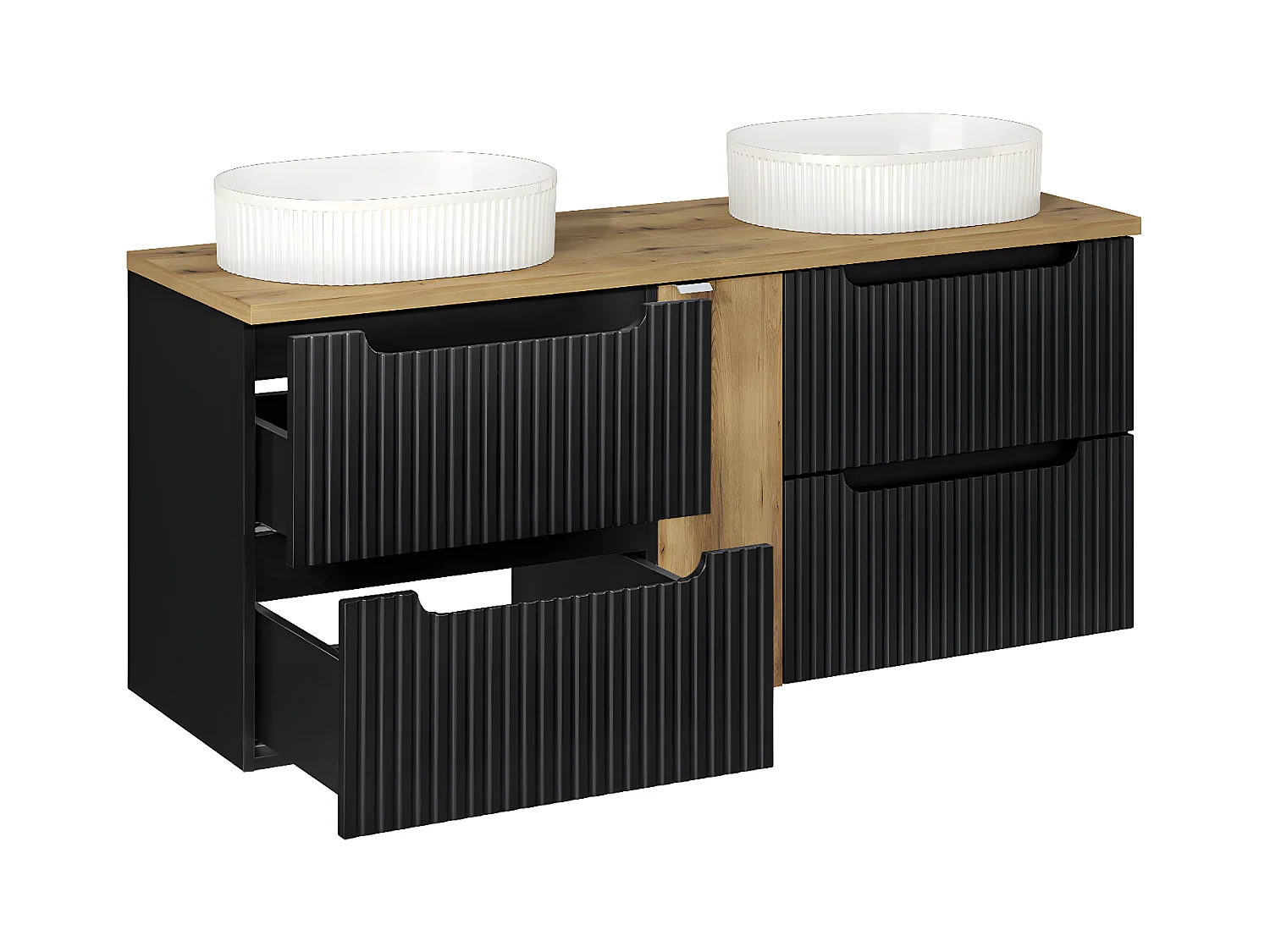 Conjunto de muebles con doble lavabo 140cm 4 cajones y columna Riva Negro y Madera