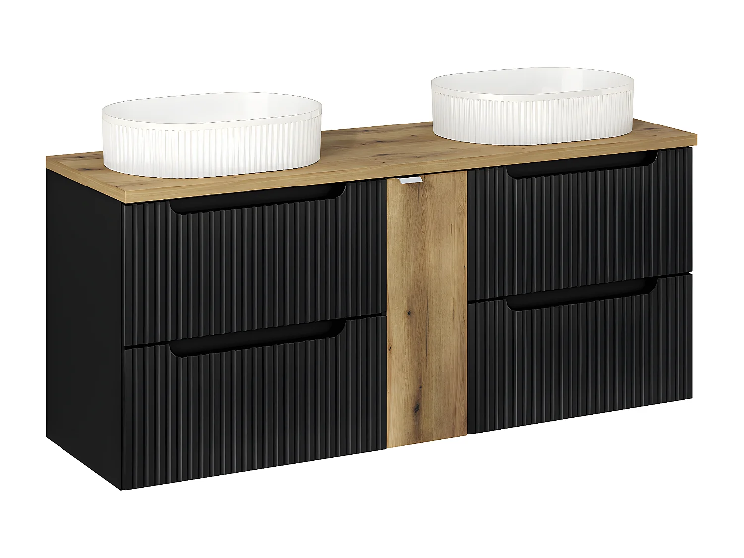 Conjunto de muebles con doble lavabo 140cm 4 cajones y columna Riva Negro y Madera