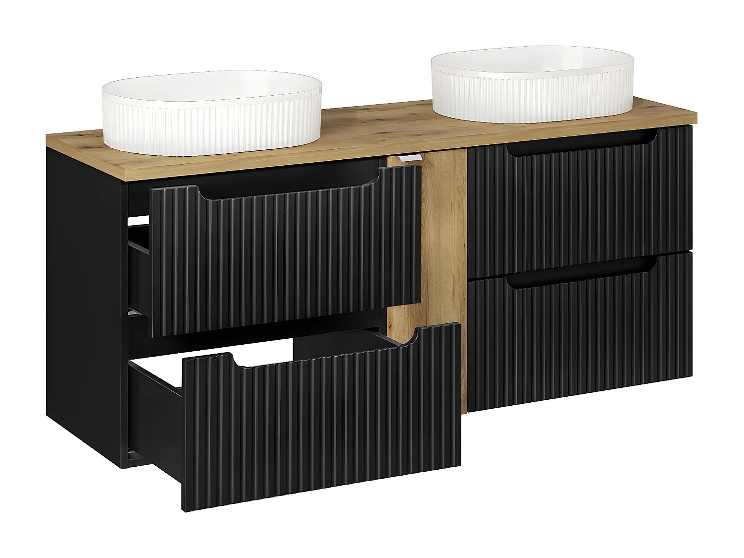 Conjunto de muebles con doble lavabo 140cm 4 cajones y columna Riva Negro y Madera