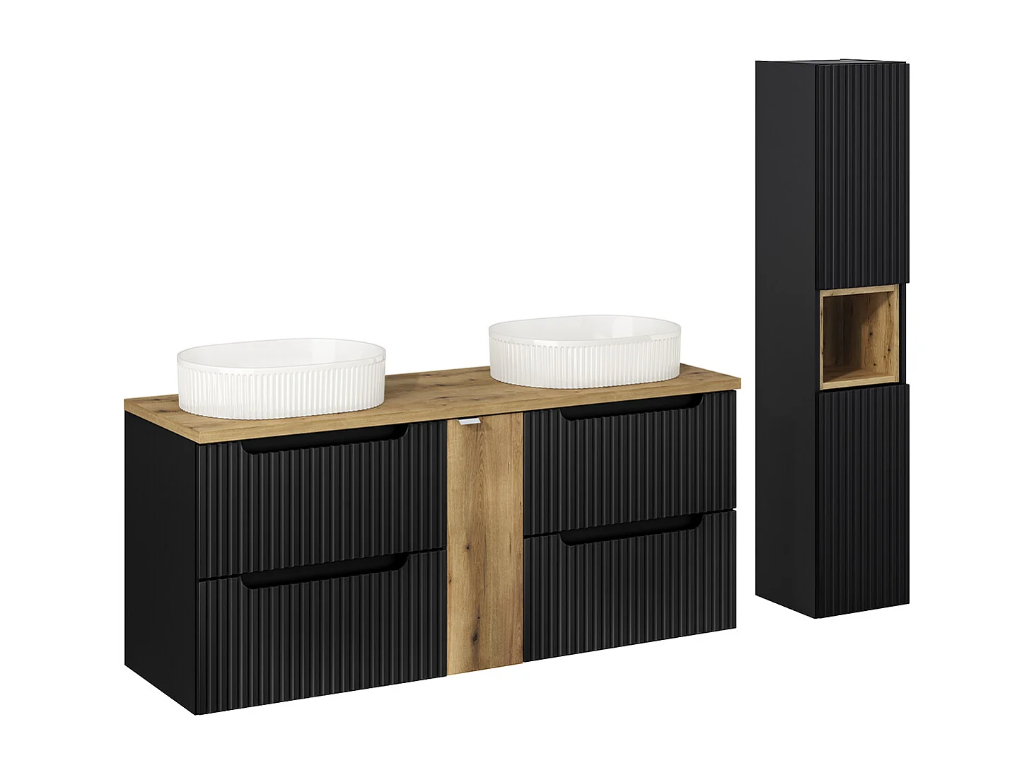 Set med 140 cm dubbel tvättställsskåp med 4 lådor och Riva piedestal i svart och trä
