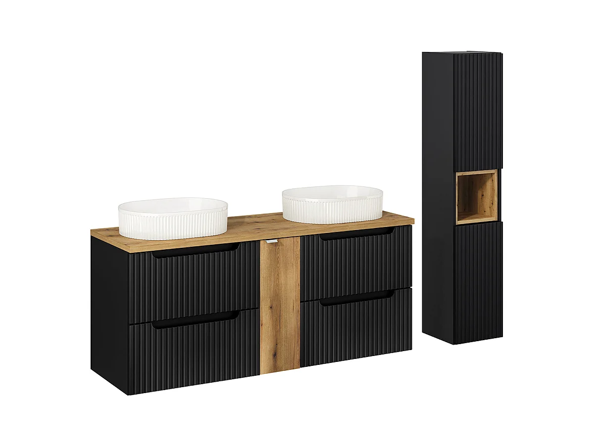 Ensemble meuble double vasque 140cm 4 tiroirs et colonne Riva Noir et Bois