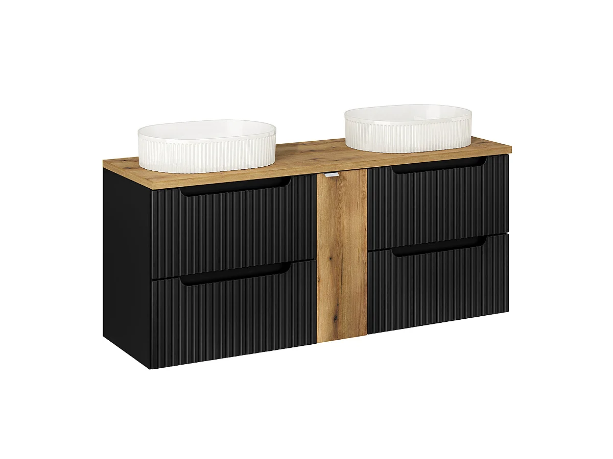 Ensemble meuble double vasque 140cm 4 tiroirs et colonne Riva Noir et Bois