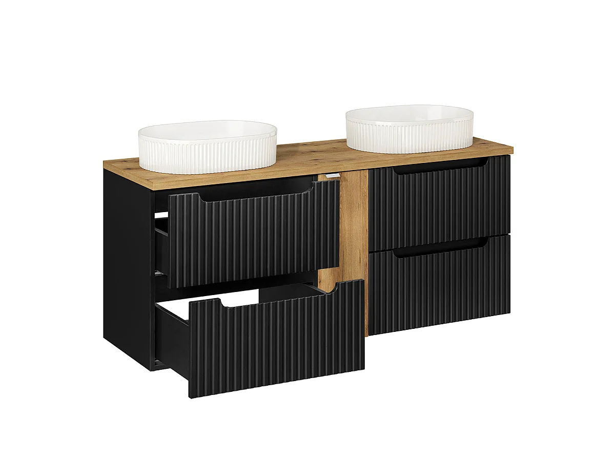 Meuble double vasque 140cm 4 tiroirs Riva Noir et Bois