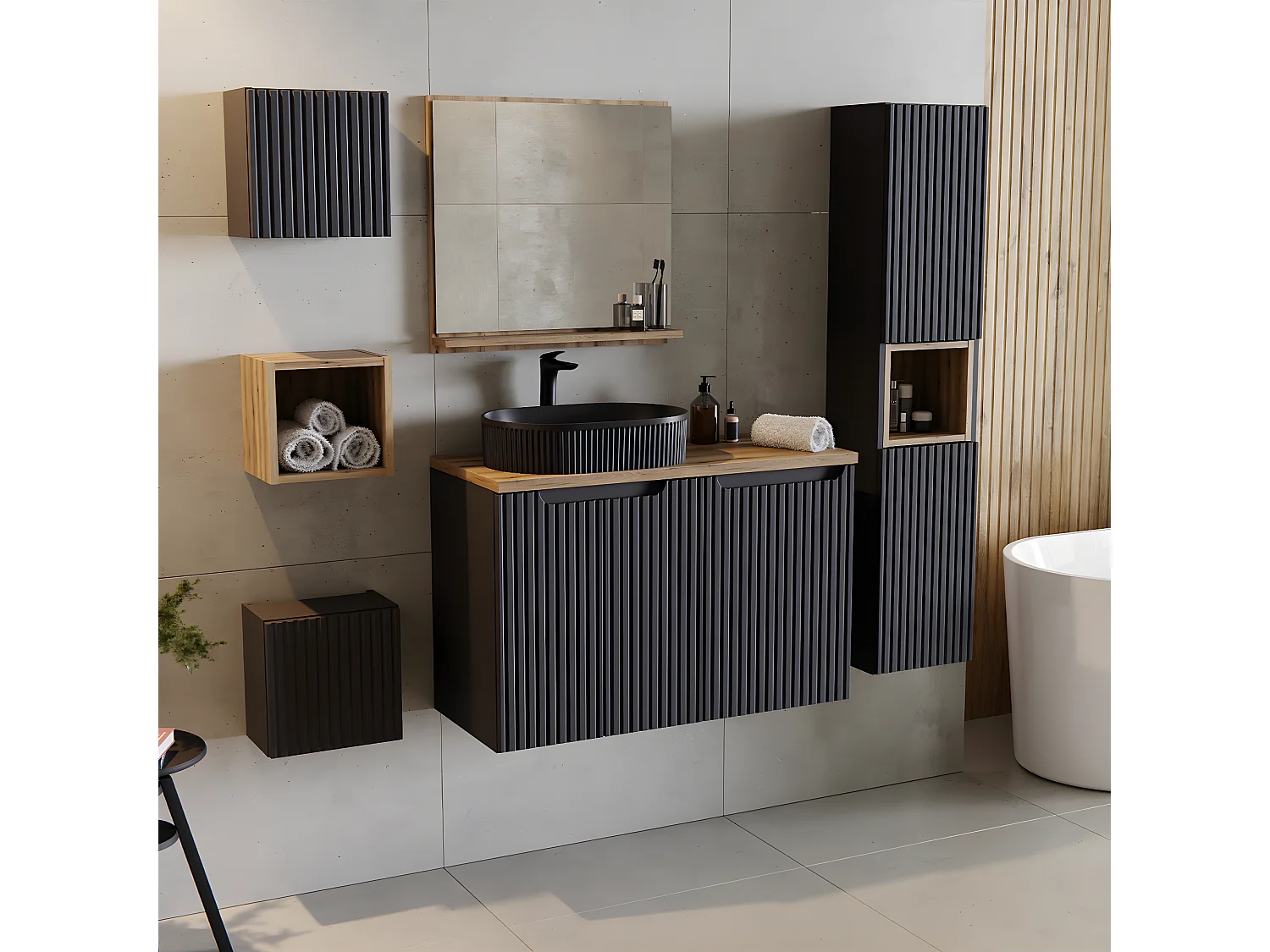 Meuble simple vasque 50cm 2 portes Riva Noir et Bois