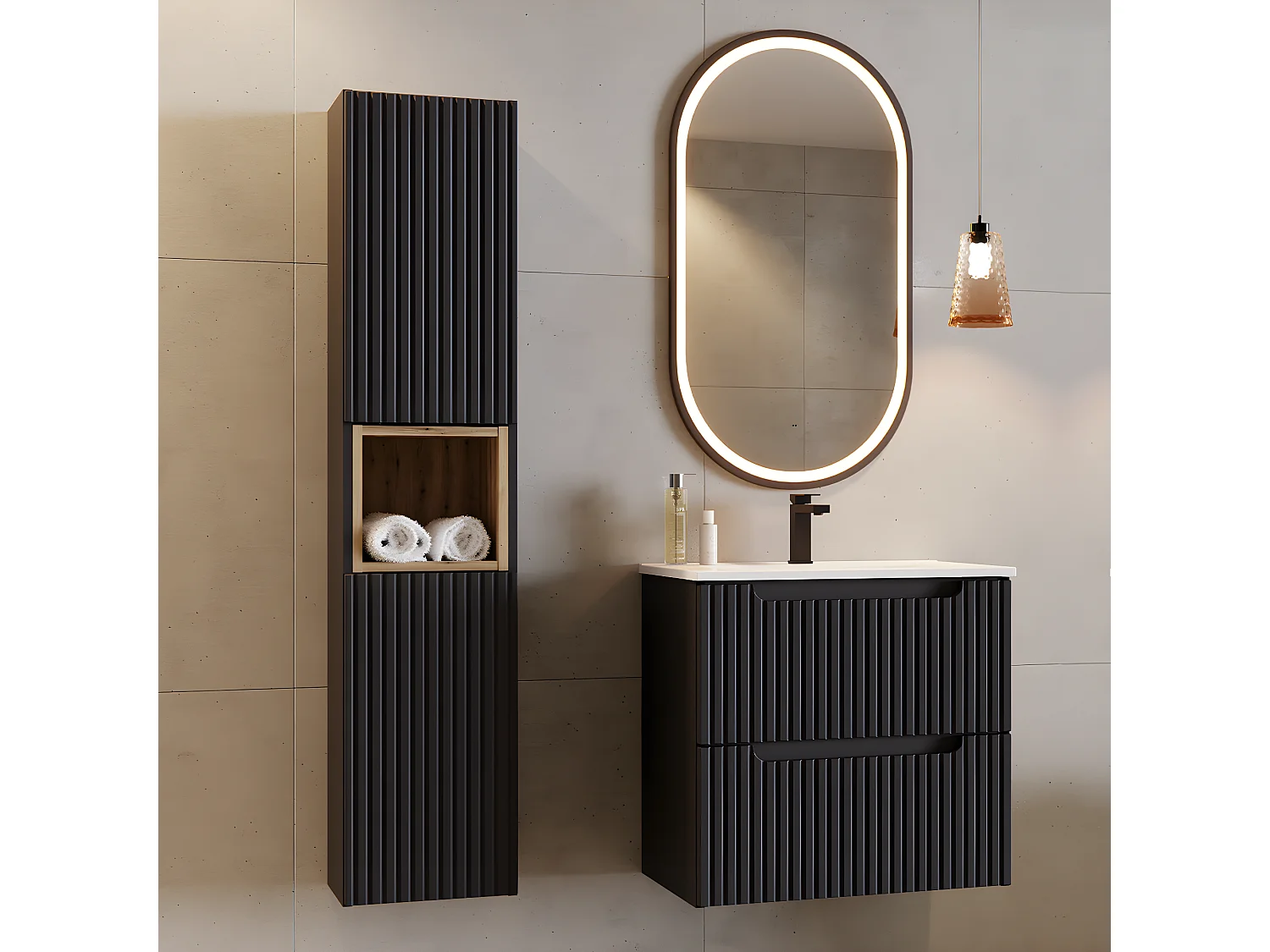 Mueble lavabo individual encastrado 60cm 2 cajones Riva Negro