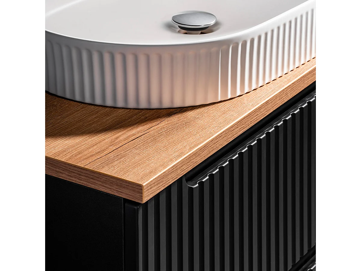 Meuble simple vasque 60cm 2 tiroirs Riva Noir et Bois