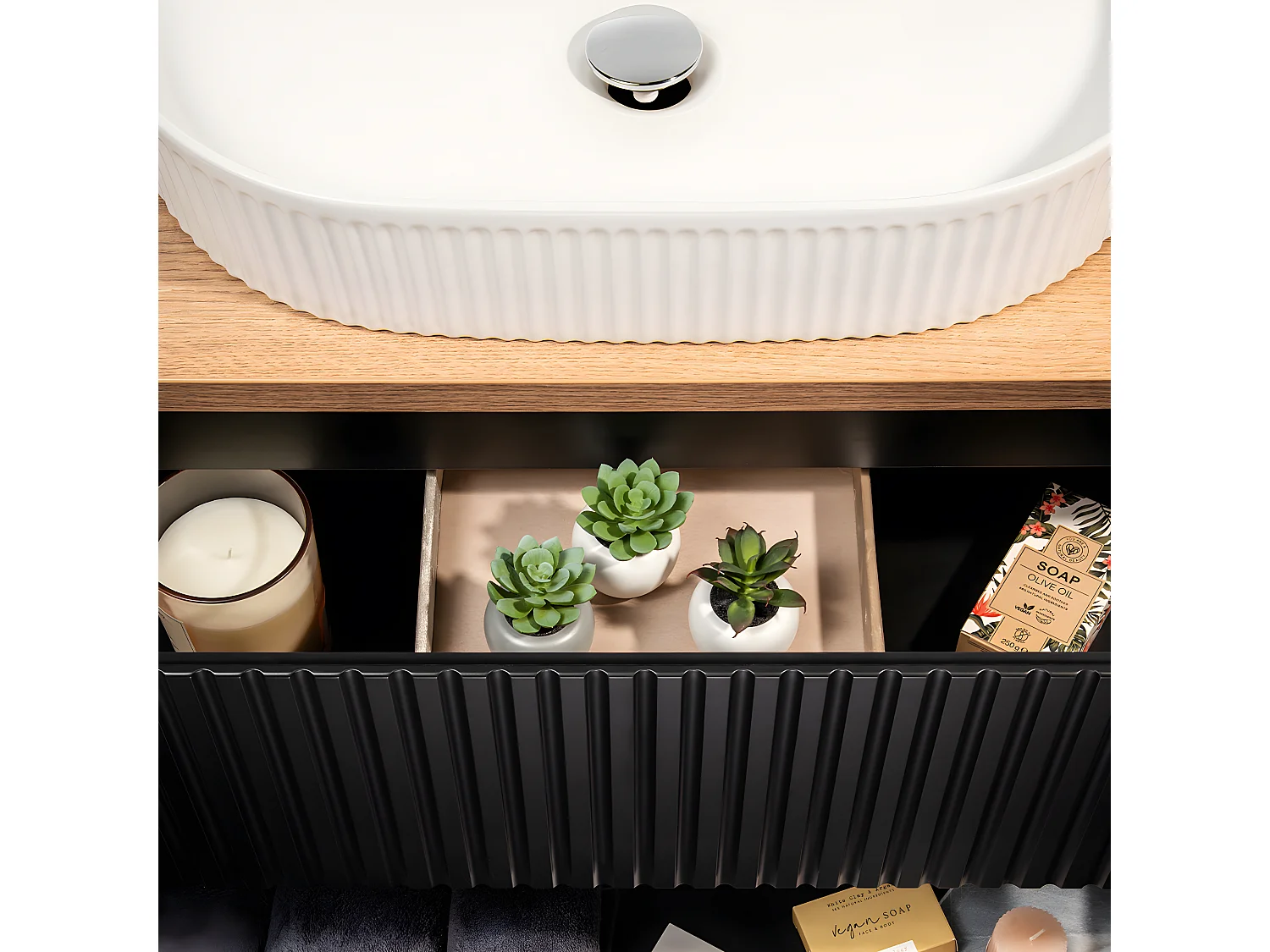 Meuble simple vasque 80cm 2 tiroirs Riva Noir et Bois