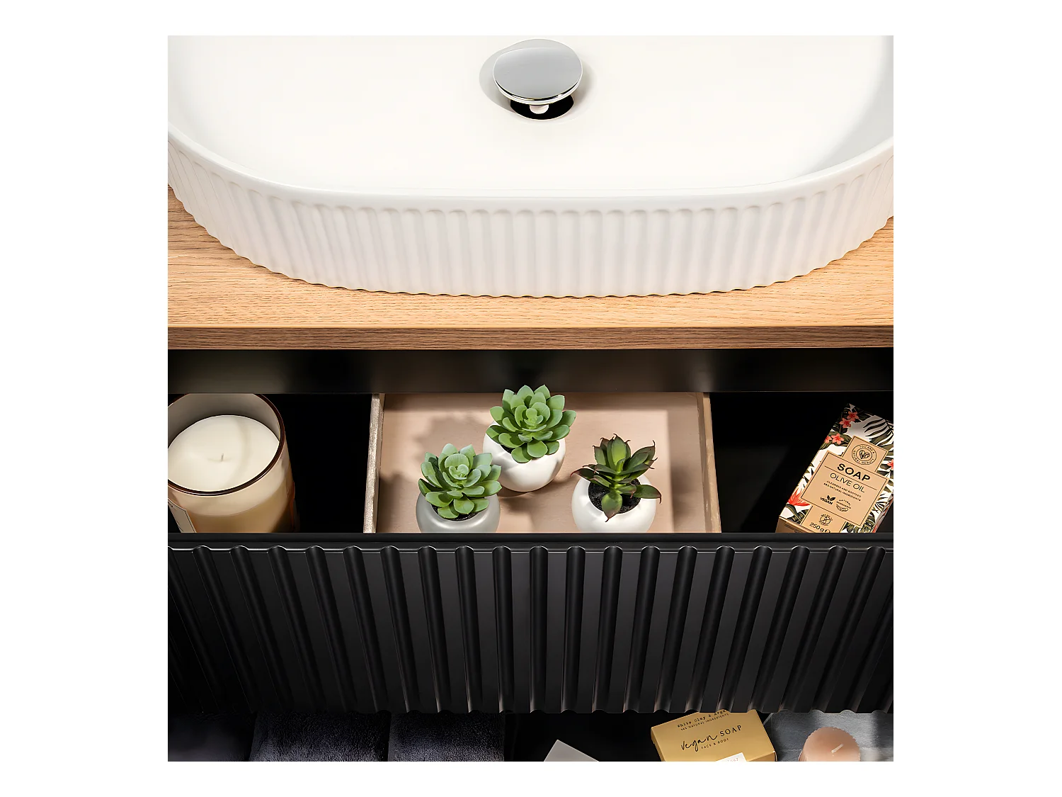 Meuble simple vasque 80cm 2 tiroirs Riva Noir et Bois