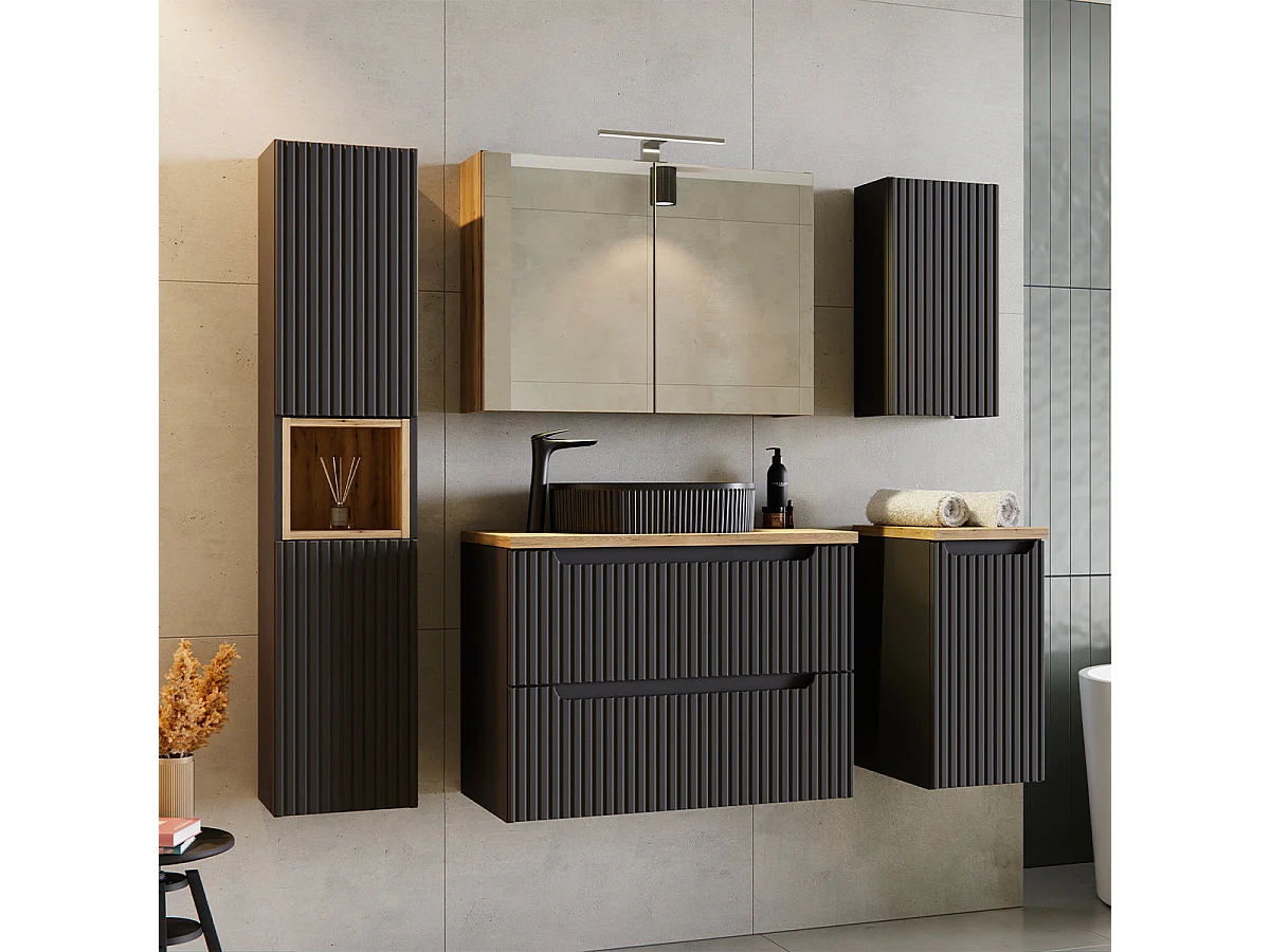 Móvel de lavatório simples 80cm 2 gavetas Riva Preto e Madeira
