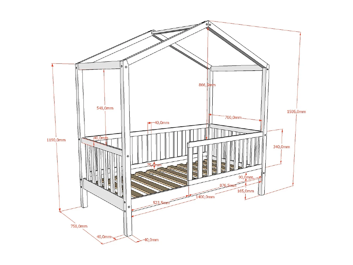 Lit cabane 70x140 sommier inclus Dallas Anthracite
