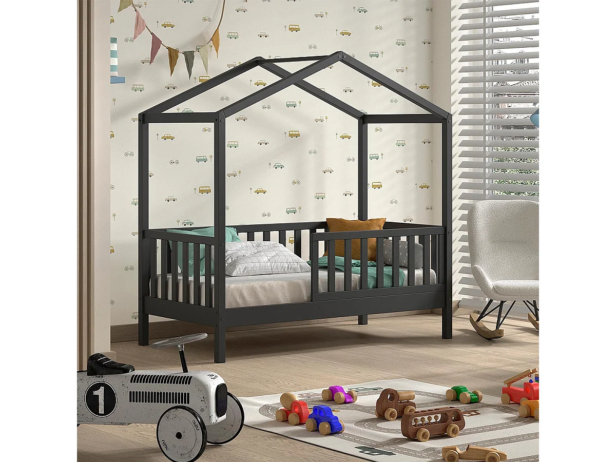 Lit Cabane Enfant "Dallas" 70x140cm Anthracite