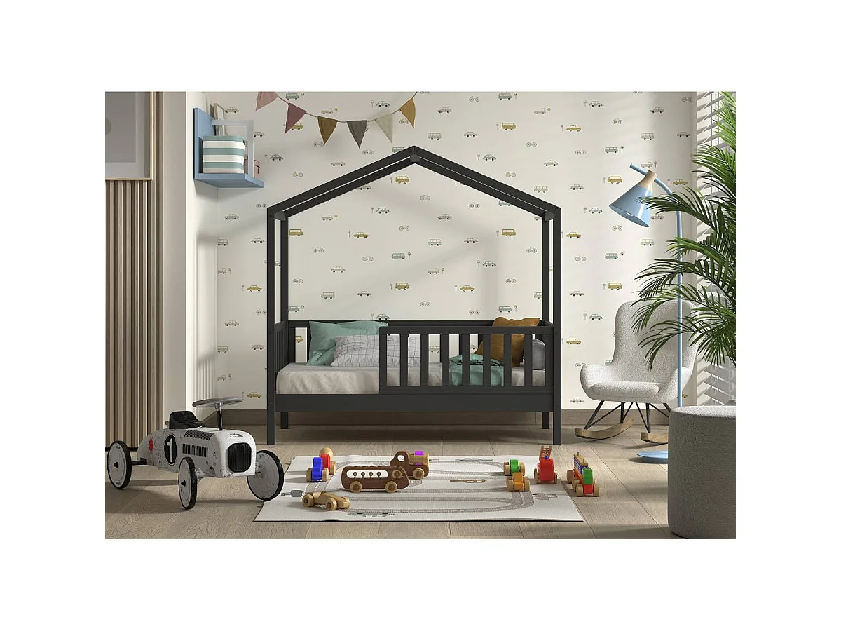 Lit Cabane Enfant "Dallas" 70x140cm Anthracite
