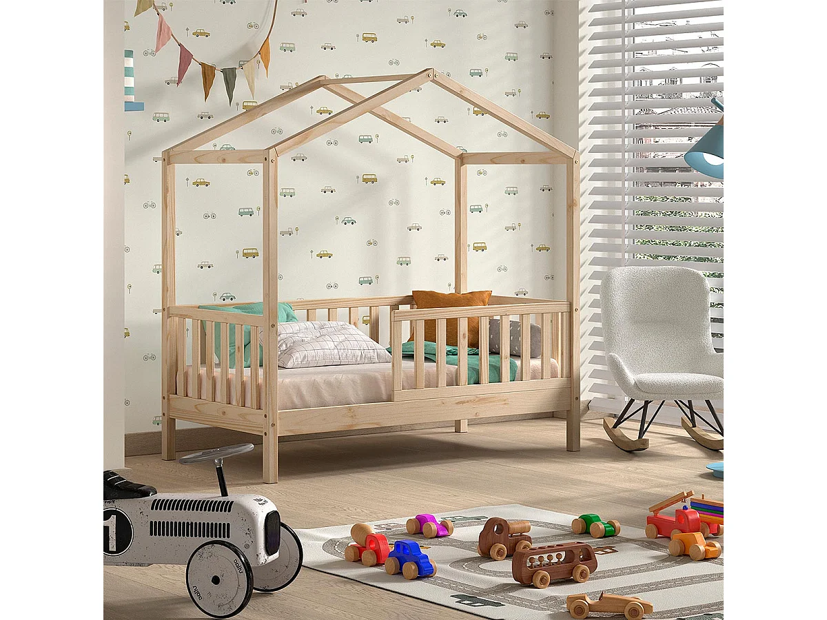 Lit Cabane Enfant "Dallas" 70x140cm Naturel
