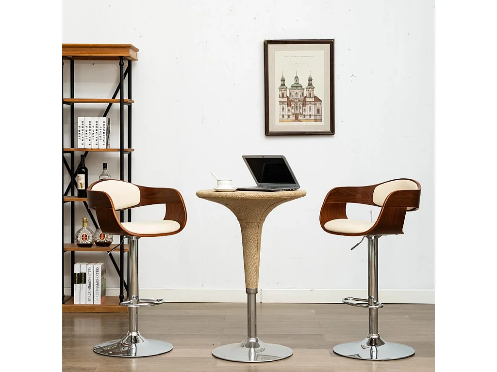 Bancos de bar 2 pcs madeira curvada e couro artificial creme