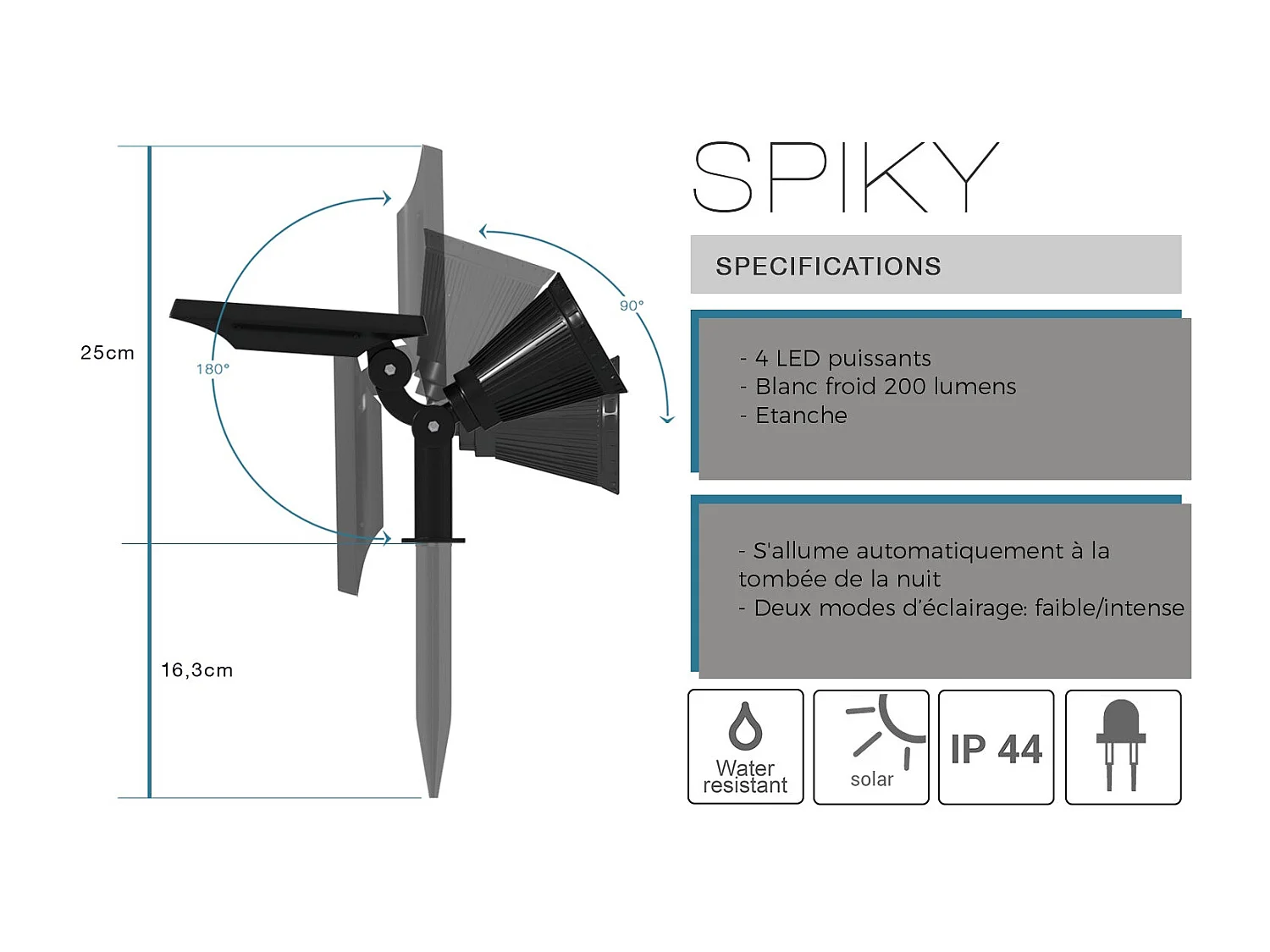 Lot de 4 spots solaires projecteurs SPIKY Noir Plastique 100LM